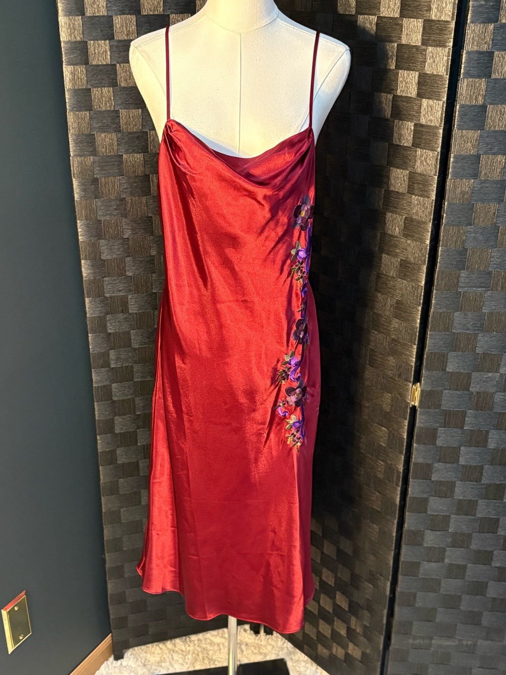 Slip Midi Dress in Deep Red with Floral Embroidery